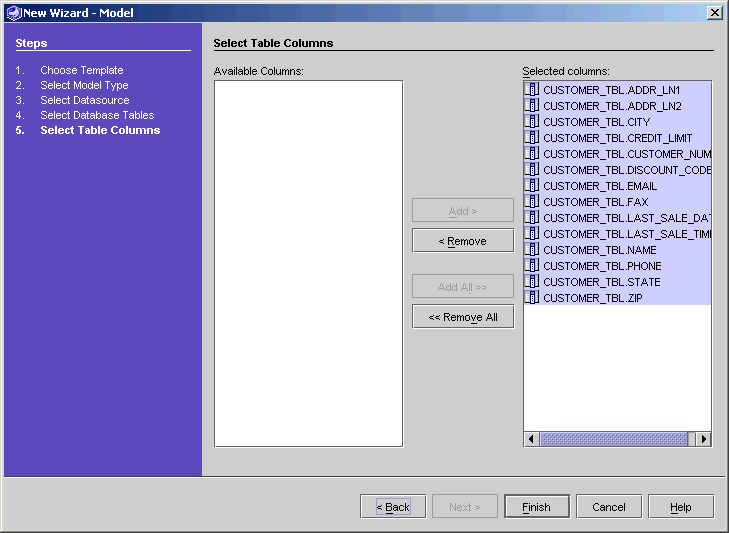 This figure shows the Select Table Columns panel of the New Model Wizard. 