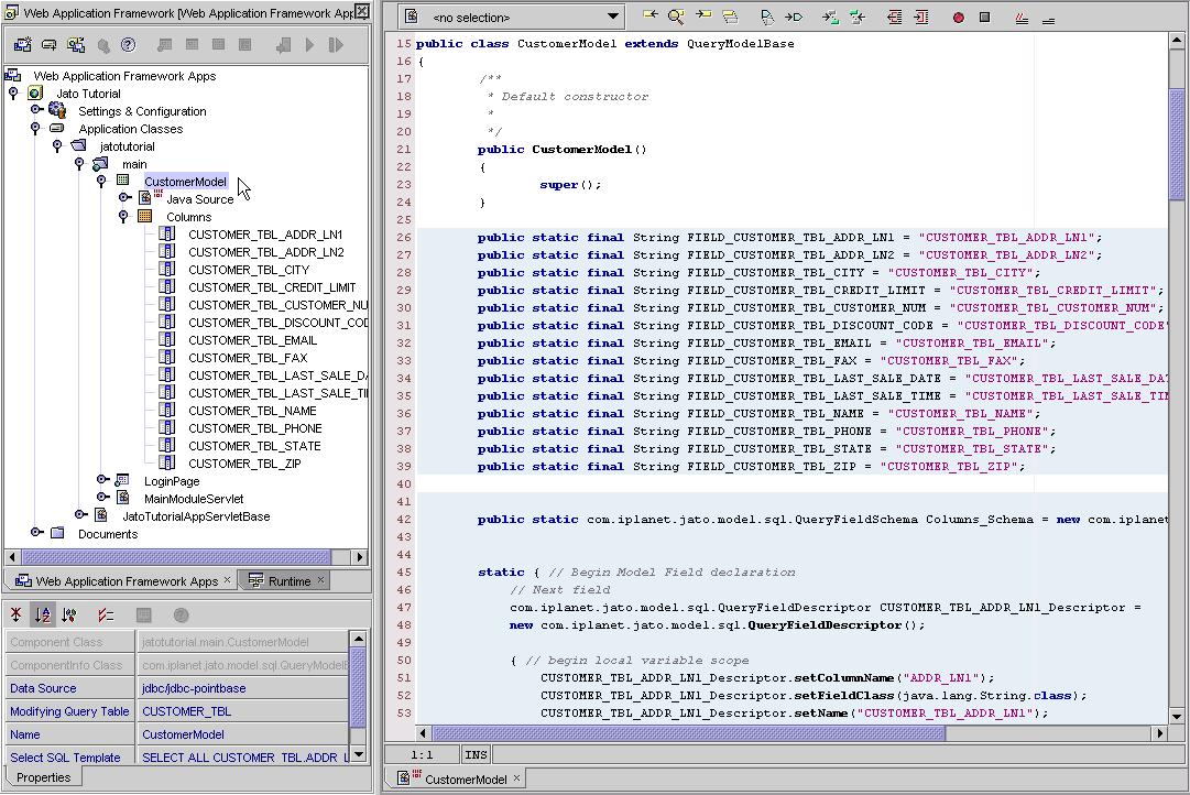 The left side of the figure shows the CustomerModel object in the main module. The right side of the figure shows the code that was created. 