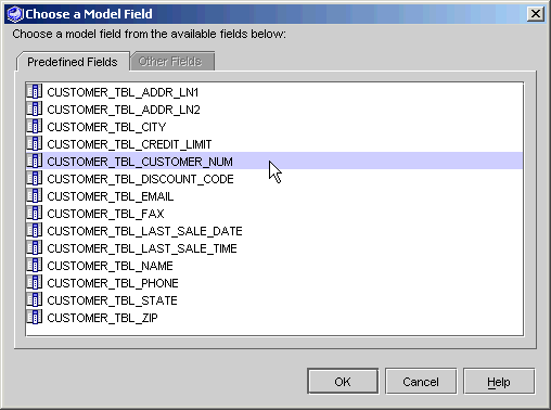 This figure shows the Choose a Model Field editor.