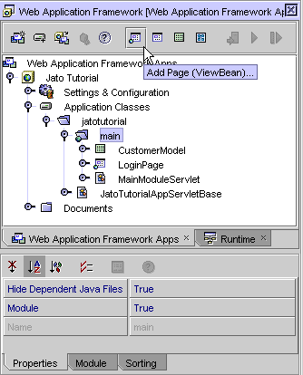        This figure shows the Add Page (ViewBean) button on the Web Application Framework toolbar. 