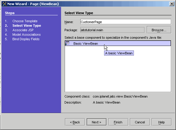 This figure shows the Select View Type panel of the New Page (ViewBean) Wizard. 
