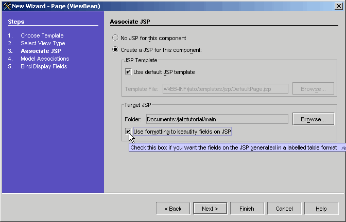 This figure shows the Associate JSP panel of the New Page (ViewBean) Wizard. 