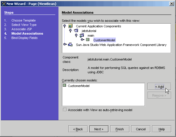 This figure shows the Model Associations panel of the New Page (ViewBean) Wizard. 