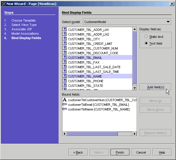 This figure shows the Bind Display Fields panel of the New Page (ViewBean) Wizard. 