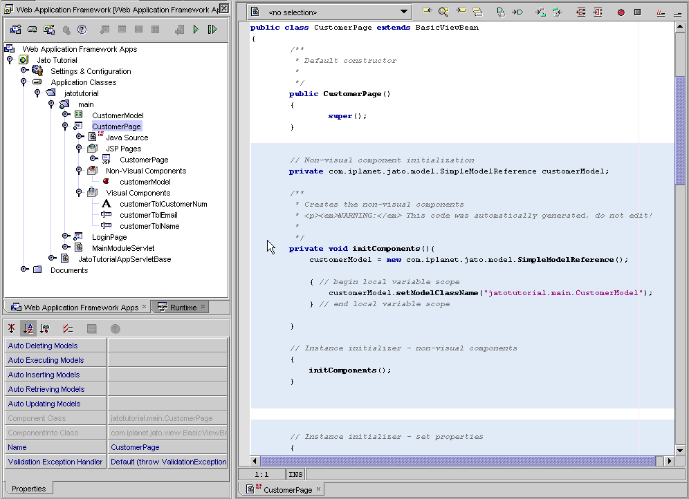 The left side of the figure shows the CustomerPage object in the main module. The right side of the figure shows the code that was created.