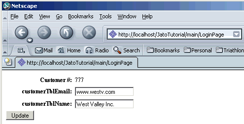 This figure shows the Customer page with the customer record that corresponds to the customer number login.
