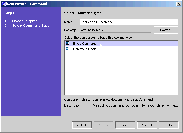 This figure shows the Select Command Type panel of the New Command Wizard. 