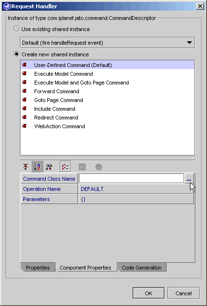 This figure shows the Component Properties tab at the bottom of the Command Descriptor editor.