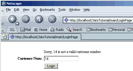 This figure shows the browser displaying the application with the Customer Num field. An invalid customer number has been entered and an error message is displayed. 