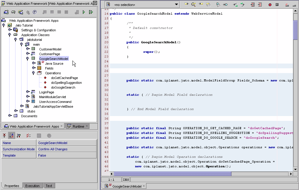 The left side of the figure shows the GoogleSearchModel object created in the main module. The right side of the figure shows the code.