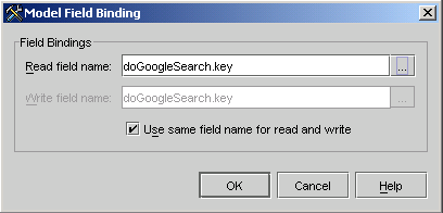This figure shows the populated Read field name and Write field name fields in the Model Field Binding editor.