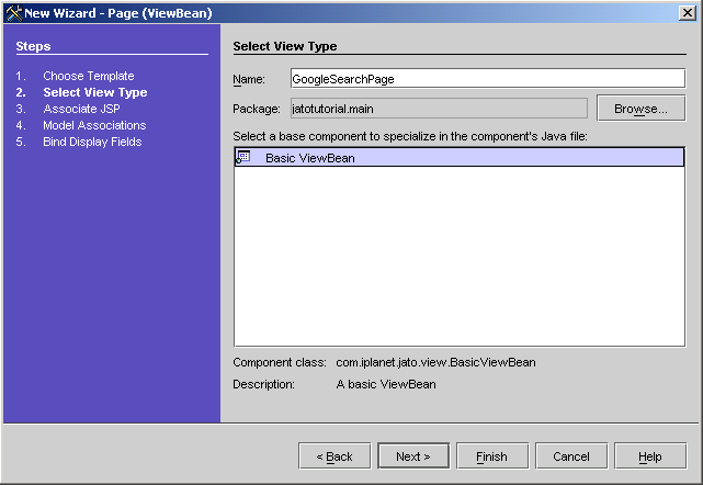 This figure shows the Select View Type panel of the New Page (ViewBean) Wizard. 