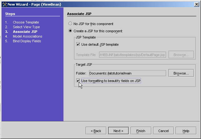 This figure shows the Associate JSP panel of the New Page (ViewBean) Wizard. 