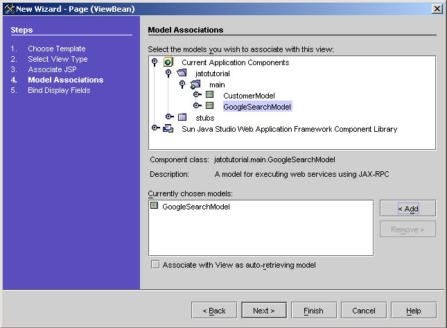 This figure shows the Model Associations panel of the New Page (ViewBean) Wizard. 