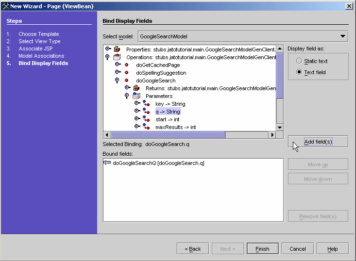 This figure shows the Bind Display Fields panel of the New Page (ViewBean) Wizard. 
