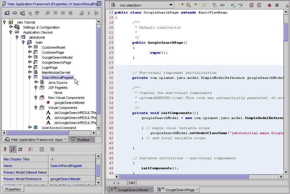 The left side of the figure shows the SearchResultsPagelet TiledView. The right side of the figure shows the code.