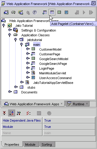 This figure shows the Add Pagelet button on the Web Application Framework toolbar.