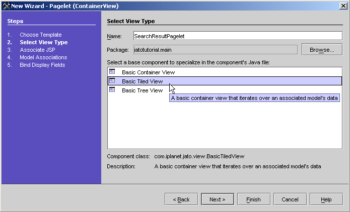 This figure shows the Select View Type panel of the New Pagelet (ContainerView) Wizard.