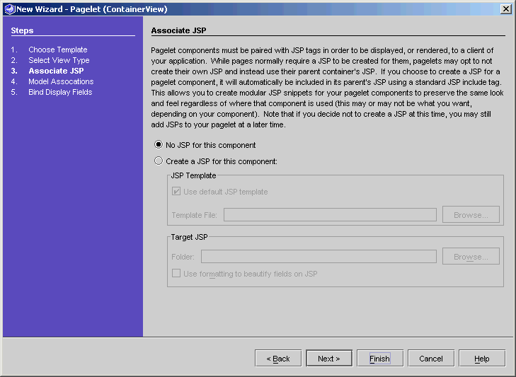 This figure shows the Associate JSP panel of the New Pagelet (ContainerView) Wizard.