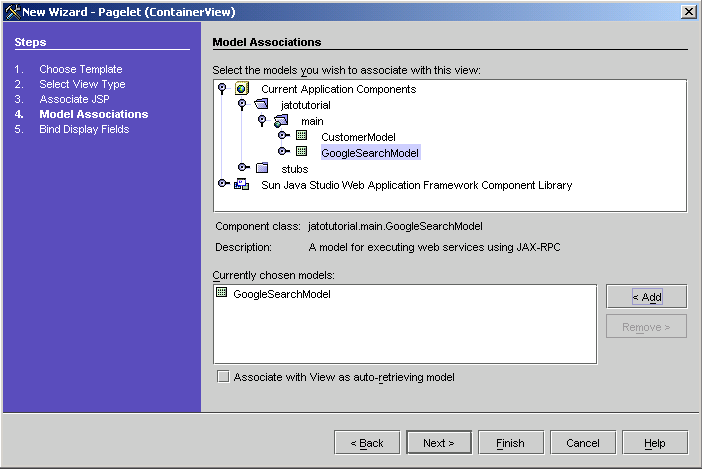 This figure shows the Model Associations panel of the New Pagelet (ContainerView) Wizard.