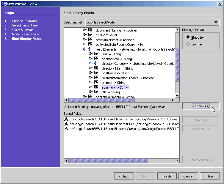 This figure shows the Bind Display Fields panel of the New View Wizard.
