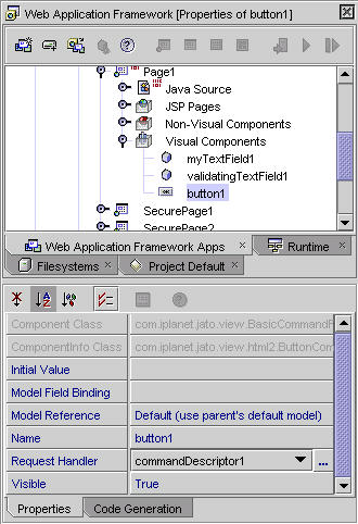 This figure shows the value of button 1's Request Handler property that now reads commandDescriptor1. 