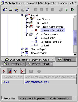 This figure shows the Non-Visual Components Explorer node with commandDescriptor1's property sheet. .