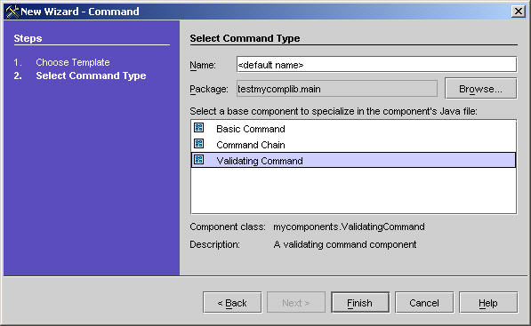 This figure shows the Select Command Type panel of the New Command wizard. 