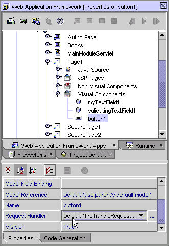 This figure shows the Properties of the button1 node in the Explorer.