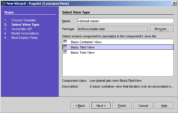 This figure shows the Extensible Component Browser of the New Pagelet (ContainerView) Wizard. 