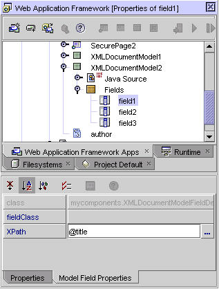 This figure shows the XMLDocumentModel2 field nodes and the Model Field Properties tab of field1.