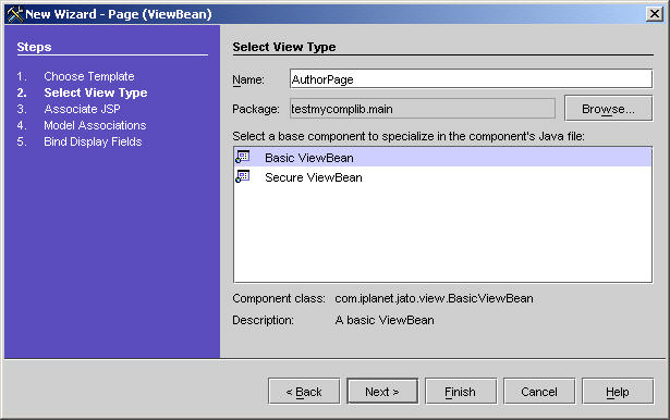 This figure shows the Select View Type panel of the New ViewBean wizard. 