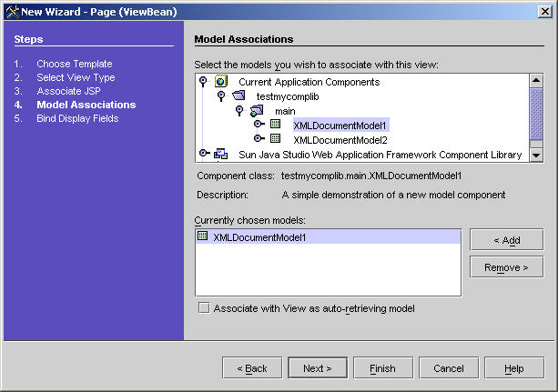 This figure shows the Model Associations panel of the New ViewBean wizard. 