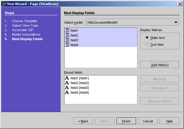 This figure shows the Bind Display Fields panel of the New ViewBean wizard. 