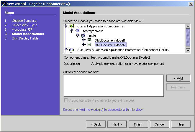 This figure shows the Model Associations panel of the New ContainerView wizard. 