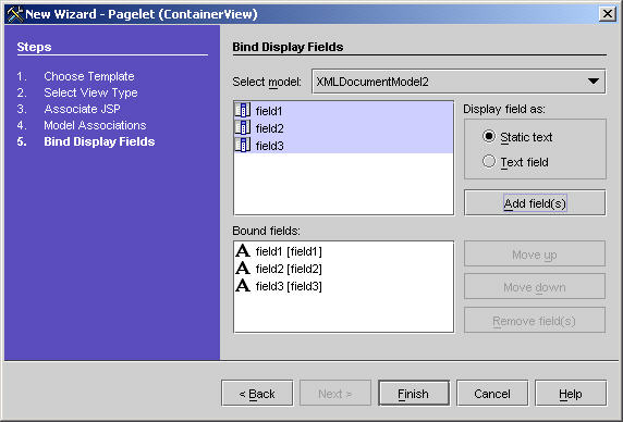 This figure shows the Bind Display Fields panel of the New ContainerView wizard. 