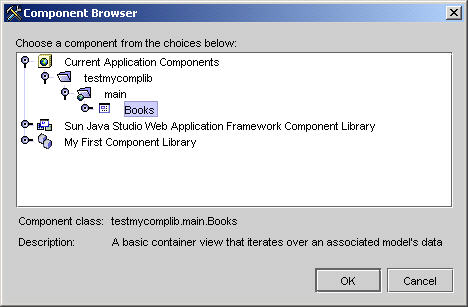 This figure shows the Component Palette with the contents of the Application Visual Components tab. This figure shows the Books node in the Component Browser. 