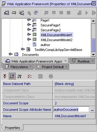 This figure shows the XMLDocumentModel1 node and its property sheet with the Document Scope Attribute Name field set to authorDocument. 