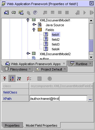 This figure shows the XMLDocumentModel1 Explorer node, with the Fields node expanded and the property sheet of the Field1 node. 