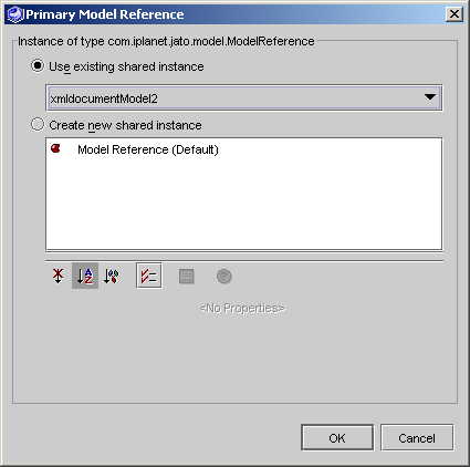 This figure shows the Dedicated ConfigurableBean editor (example property, Object Factory). This figure shows the Shared ConfigurableBean editor (example property, Model Reference). This figure shows the Shared ConfigurableBean editor displaying the "existing" shared-instance drop-down list. This figure shows the Shared ConfigurableBean editor with the "create new" shared instance selected. 