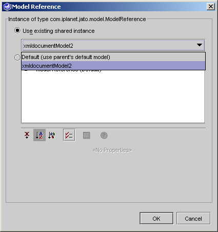 This figure shows the Dedicated ConfigurableBean editor (example property, Object Factory). This figure shows the Shared ConfigurableBean editor (example property, Model Reference). This figure shows the Shared ConfigurableBean editor displaying the "existing" shared-instance drop-down list. This figure shows the Shared ConfigurableBean editor with the "create new" shared instance selected. 