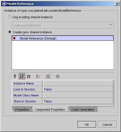 This figure shows the Dedicated ConfigurableBean editor (example property, Object Factory). This figure shows the Shared ConfigurableBean editor (example property, Model Reference). This figure shows the Shared ConfigurableBean editor displaying the "existing" shared-instance drop-down list. This figure shows the Shared ConfigurableBean editor with the "create new" shared instance selected. 
