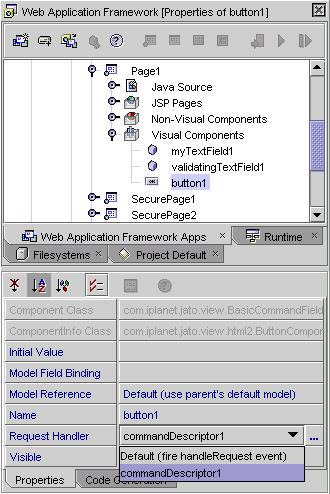 This figure shows the CommandField with CommandDescriptor property selected. This figure shows the CommandDescriptor editor with the Properties tab selected. 