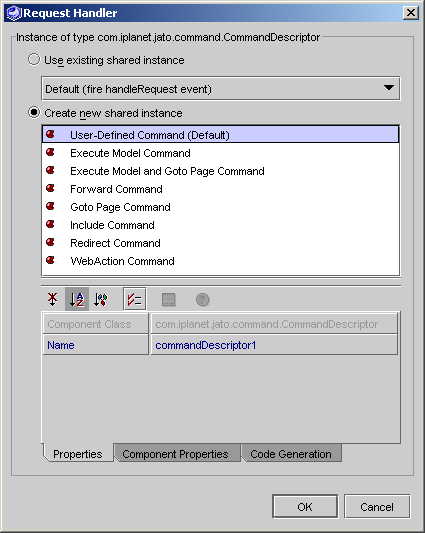 This figure shows the CommandField with CommandDescriptor property selected. This figure shows the CommandDescriptor editor with the Properties tab selected. 