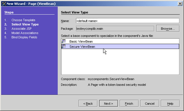 This figure shows the Select View Type panel of the new ViewBean wizard. 