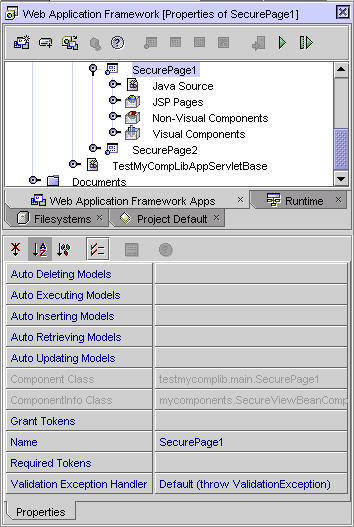 This figure shows the Explorer nodes for two SecureViewBeans (SecurePage1 and SecurePage2), with the property sheet for SecurePage1. 
