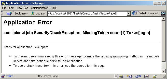 This figure shows the "Application Error" message, which actually indicates that the SecureViewBean security model has worked as intended. 