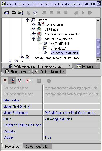This figure shows the validatingTextField1 visual component node and its property sheet (Properties tab).