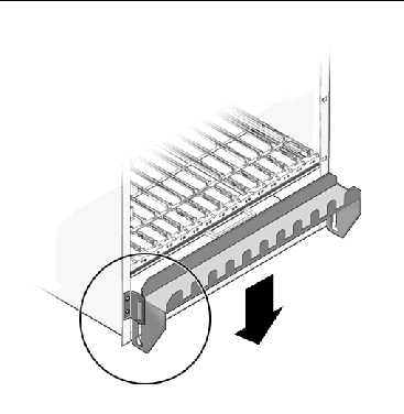 This figure shows how to move the front cable management bracket to the lower position.