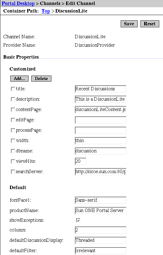 Screen shot of the administration interface for editing the DiscussionLite channel.